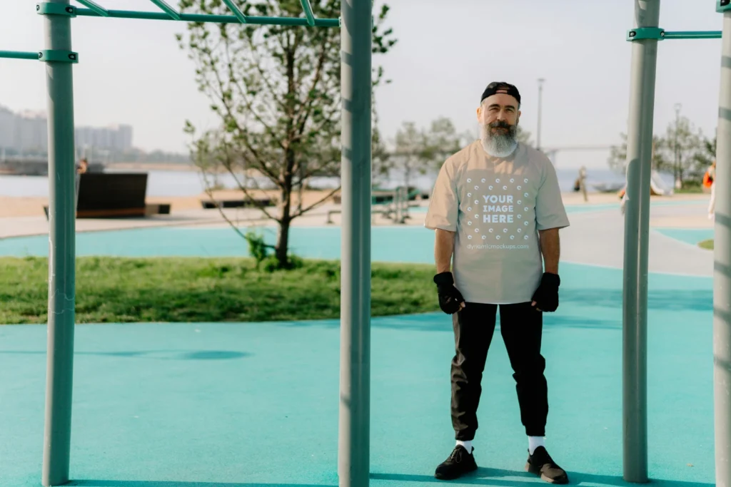 Man Wearing Tan T-shirt Mockup Front View Template