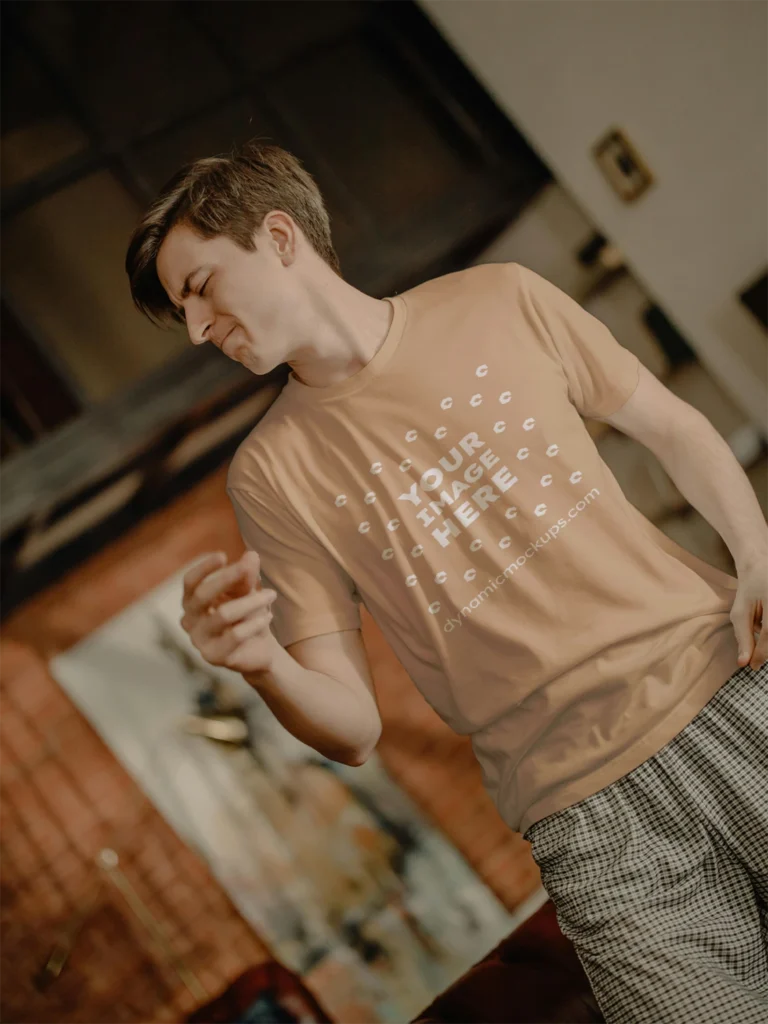 Man Wearing Tan T-shirt Mockup Front View Template