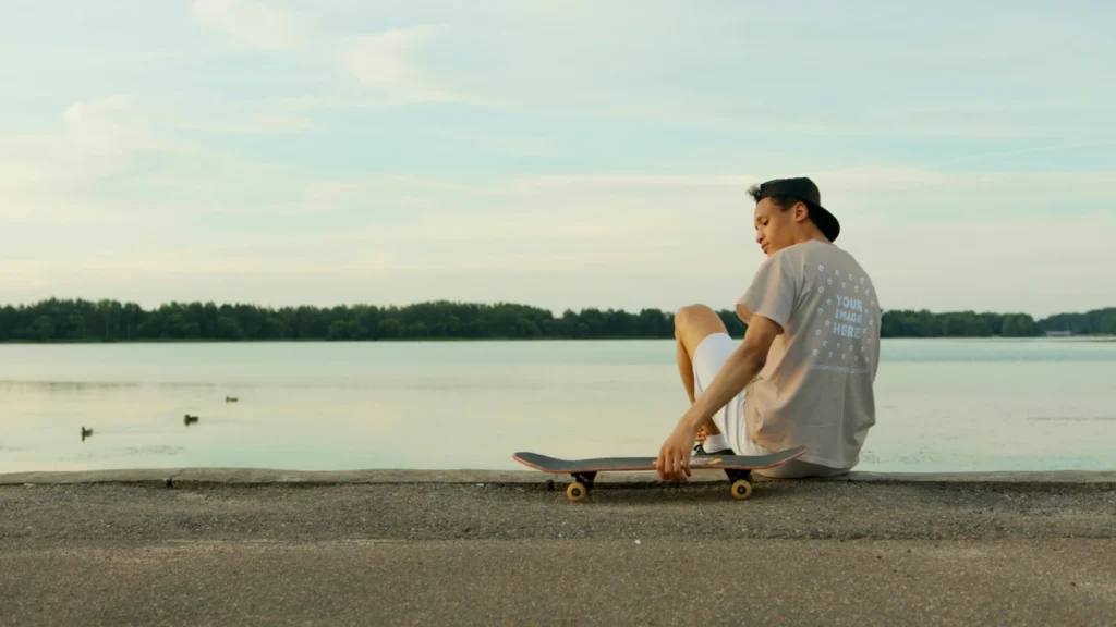 Man Wearing Tan T-shirt Mockup Front View Template