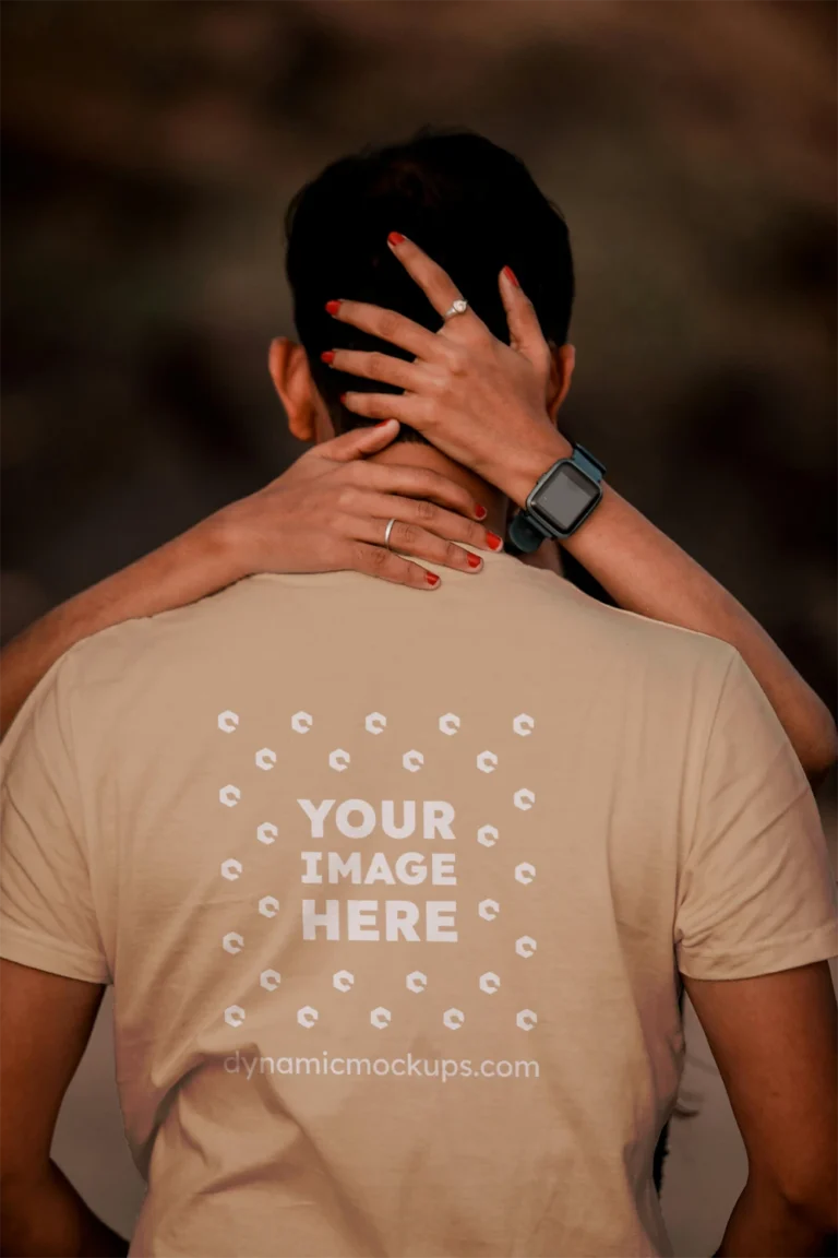 Man Wearing Tan T-shirt Mockup Front View Template