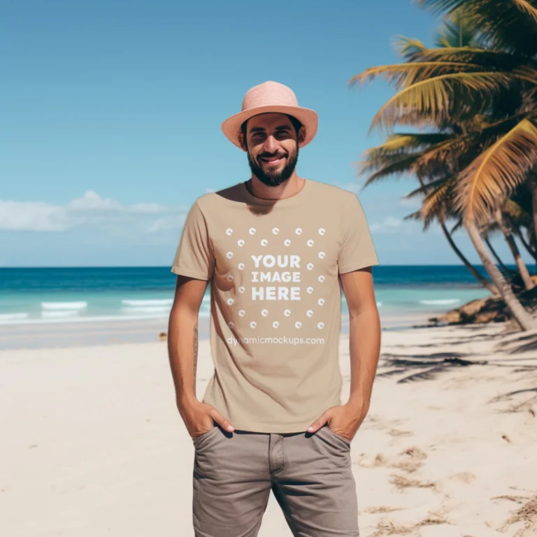 Man Wearing Tan T-shirt Mockup Front View Template