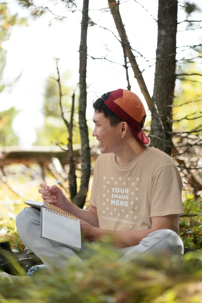 Man Wearing Tan T-shirt Mockup Front View Template