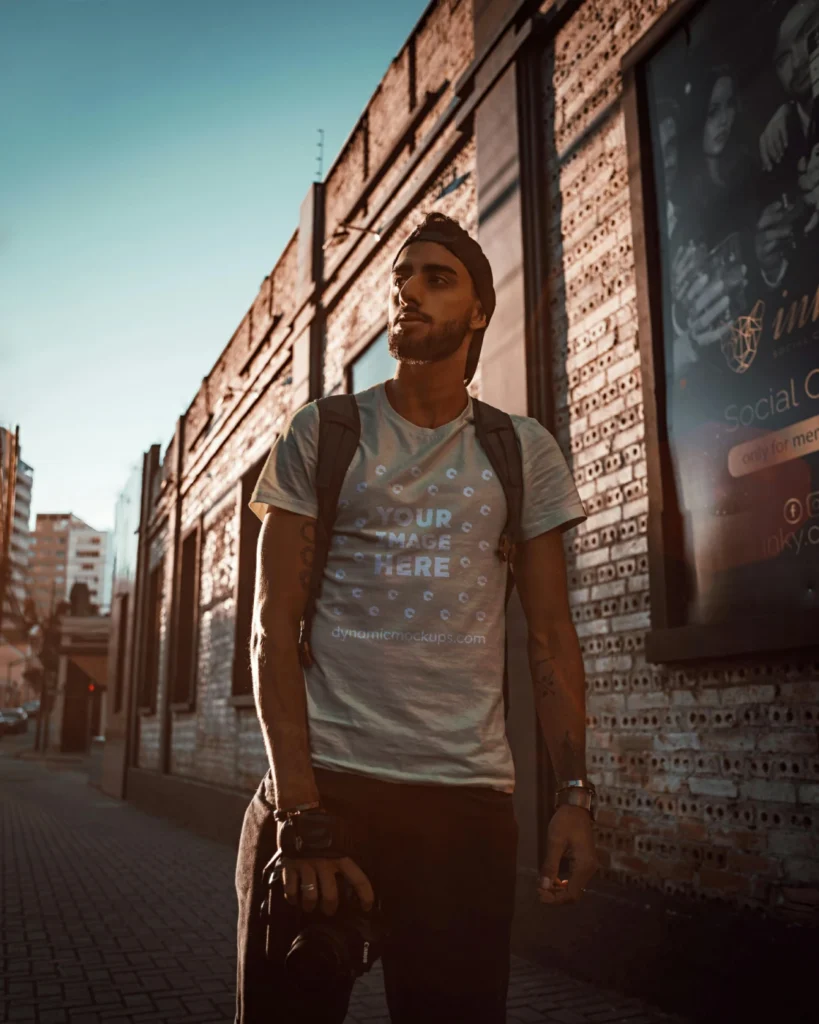 Man Wearing Tan T-shirt Mockup Front View Template