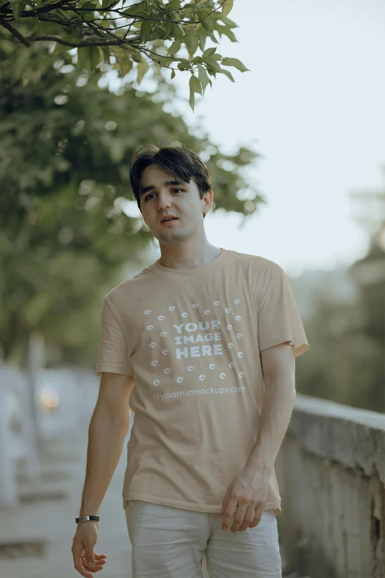 Man Wearing Tan T-shirt Mockup Front View Template