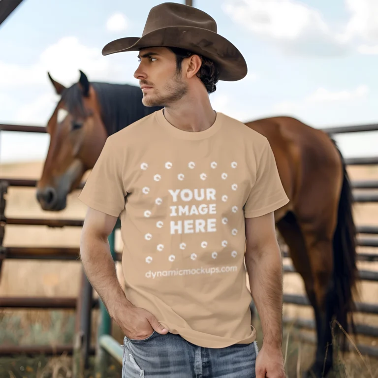 Man Wearing Tan T-shirt Mockup Front View Template