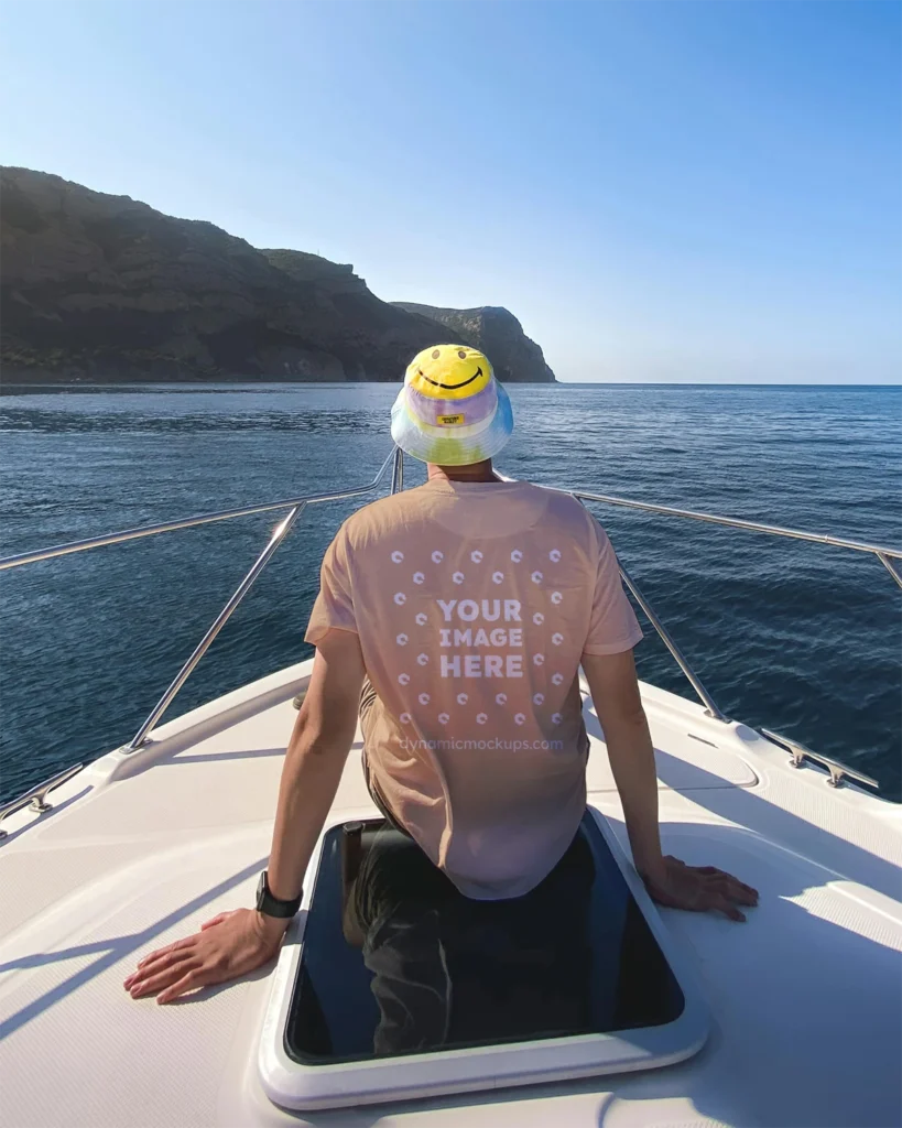 Man Wearing Tan T-shirt Mockup Back View Template