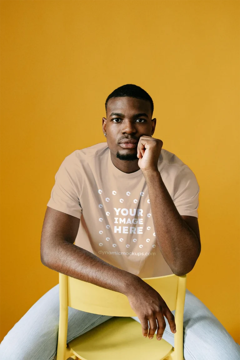 Man Wearing Tan T-shirt Mockup Front View Template