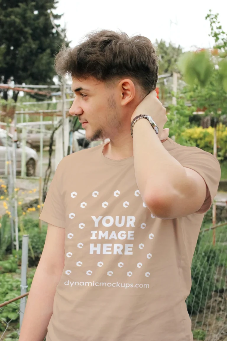 Man Wearing Tan T-shirt Mockup Front View Template