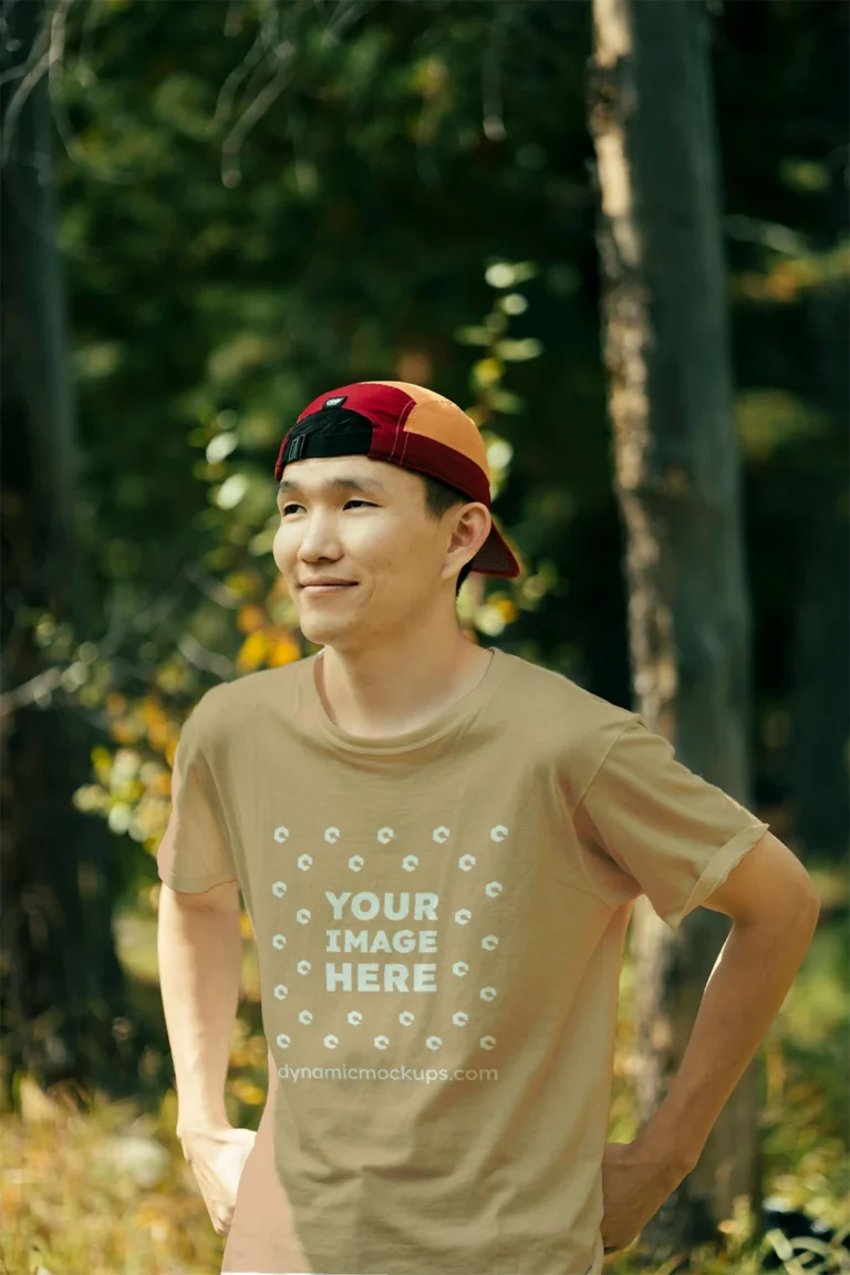 Man Wearing Tan T-shirt Mockup Front View Template