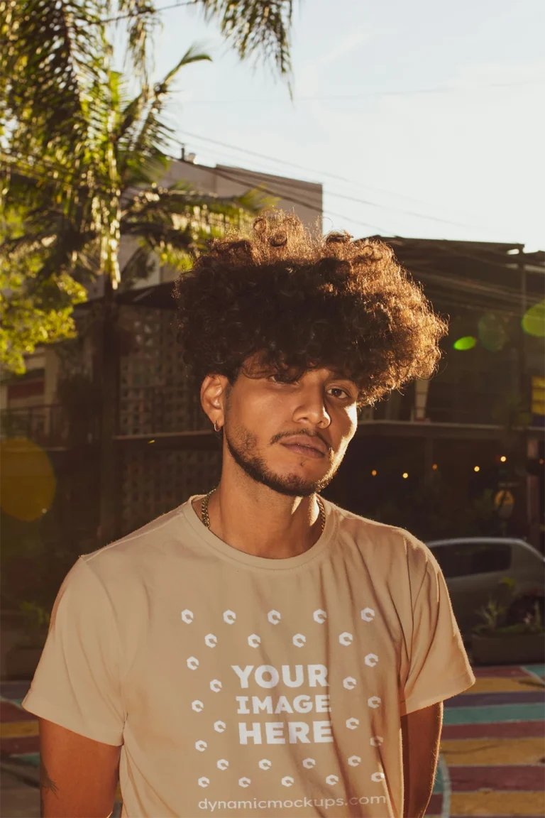 Man Wearing Tan T-shirt Mockup Front View Template