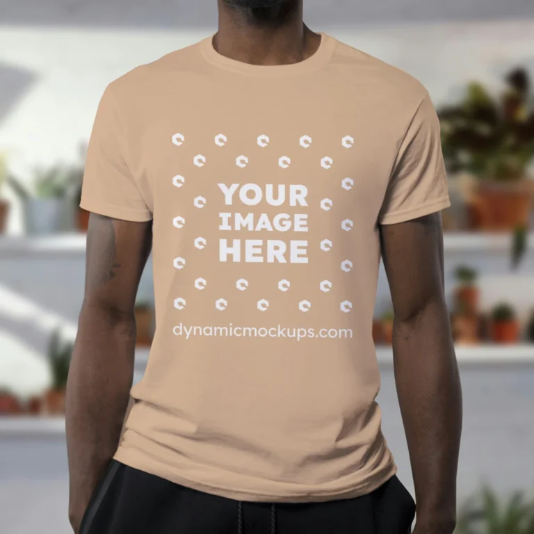 Man Wearing Tan T-shirt Mockup Front View Template