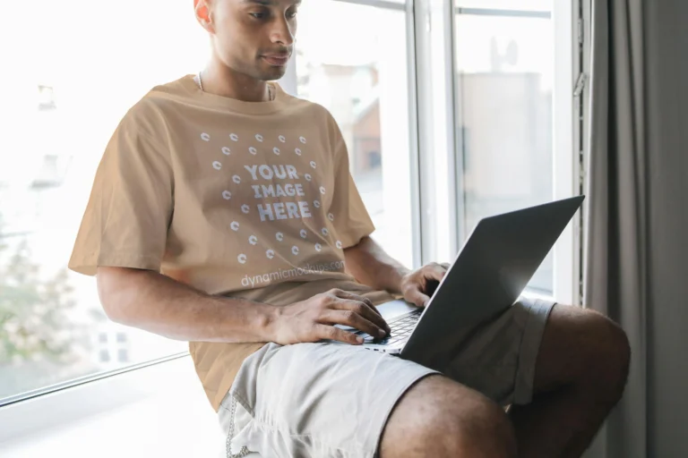 Man Wearing Tan T-shirt Mockup Front View Template