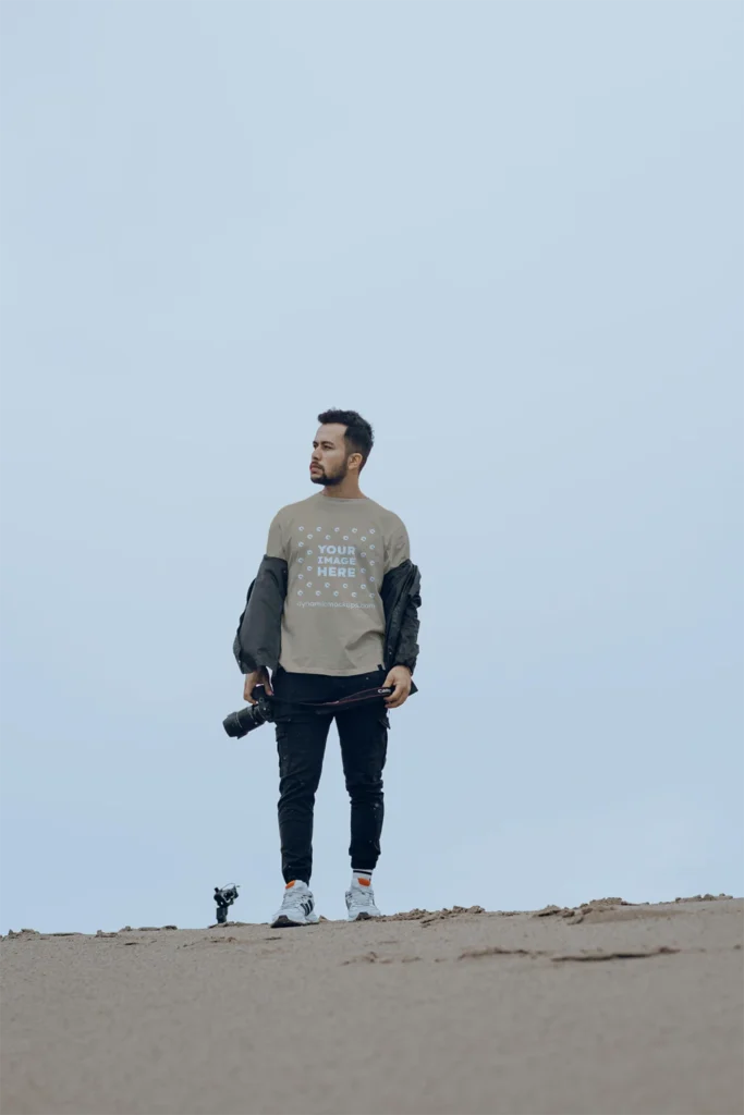 Man Wearing Tan T-shirt Mockup Front View Template