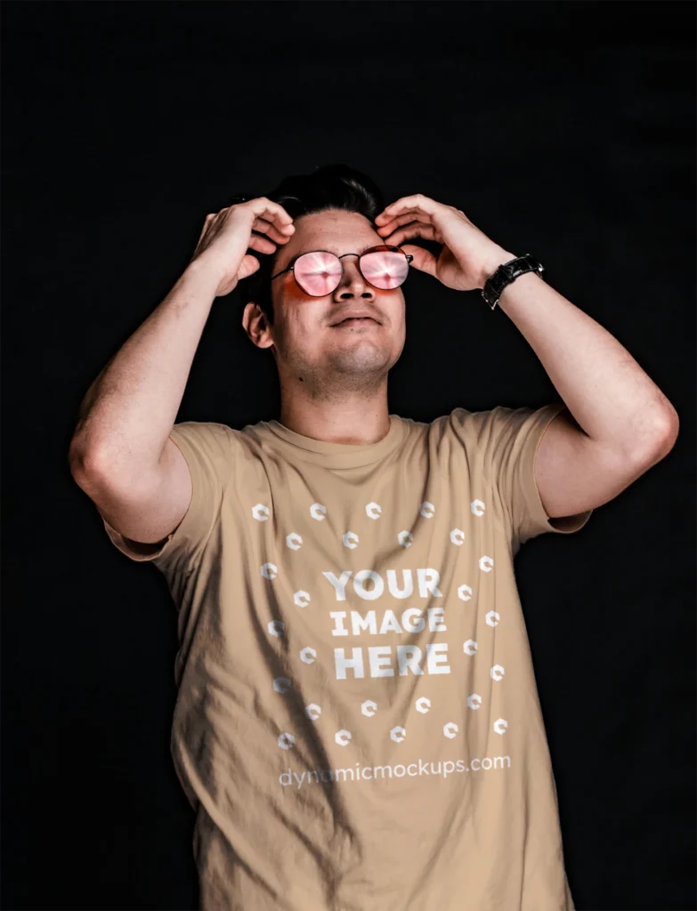 Man Wearing Tan T-shirt Mockup Front View Template