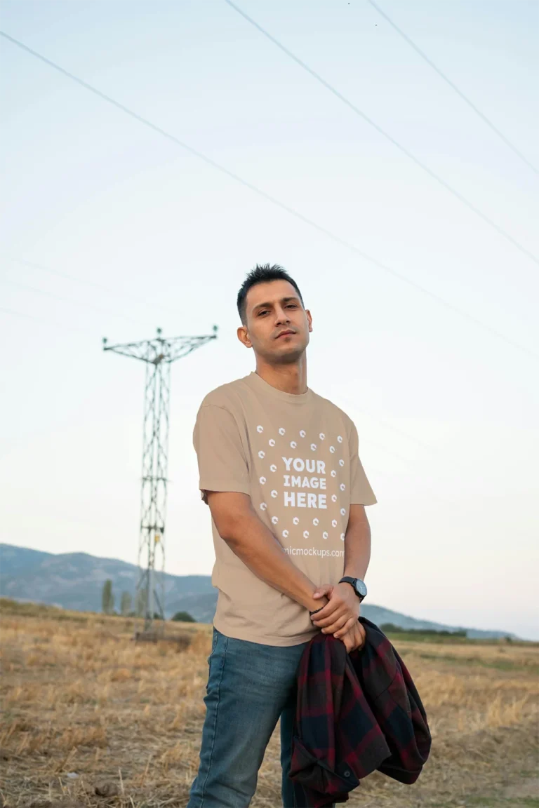 Man Wearing Tan T-shirt Mockup Front View Template