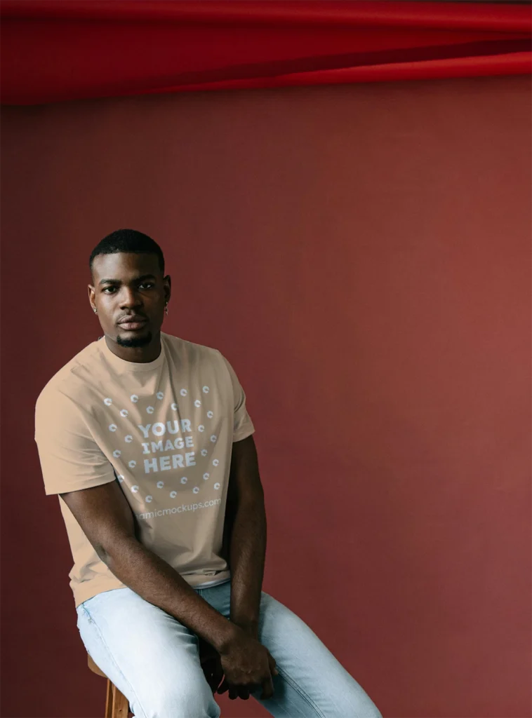 Man Wearing Tan T-shirt Mockup Front View Template