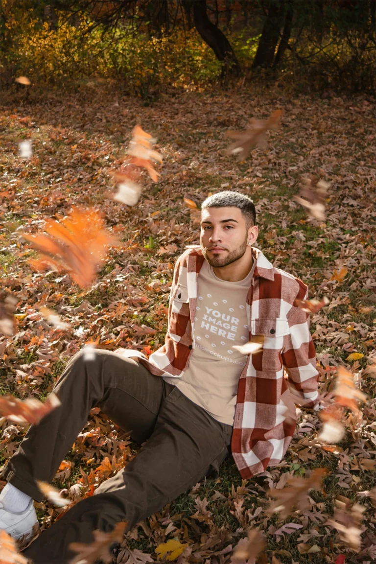 Man Wearing Tan T-shirt Mockup Front View Template