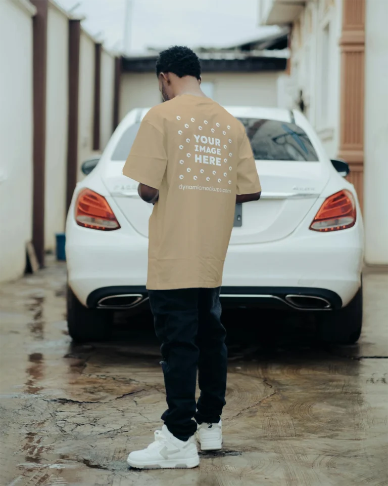 Man Wearing Tan T-shirt Mockup Back View Template