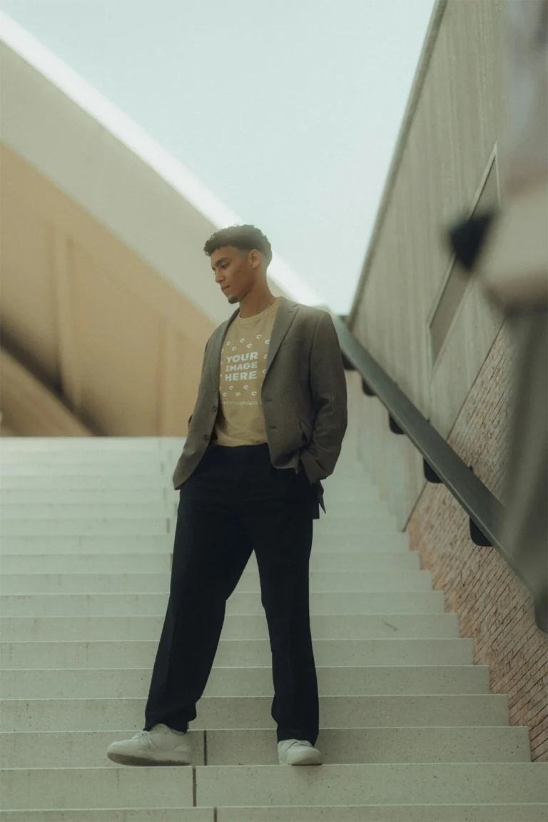 Man Wearing Tan T-shirt Mockup Front View Template