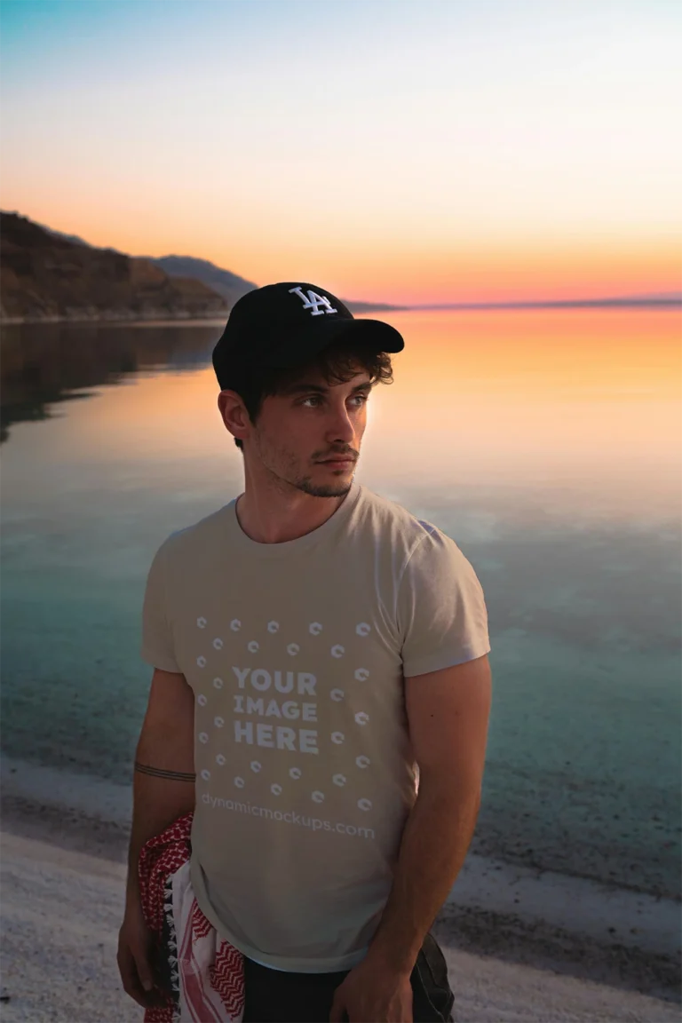 Man Wearing Tan T-shirt Mockup Front View Template