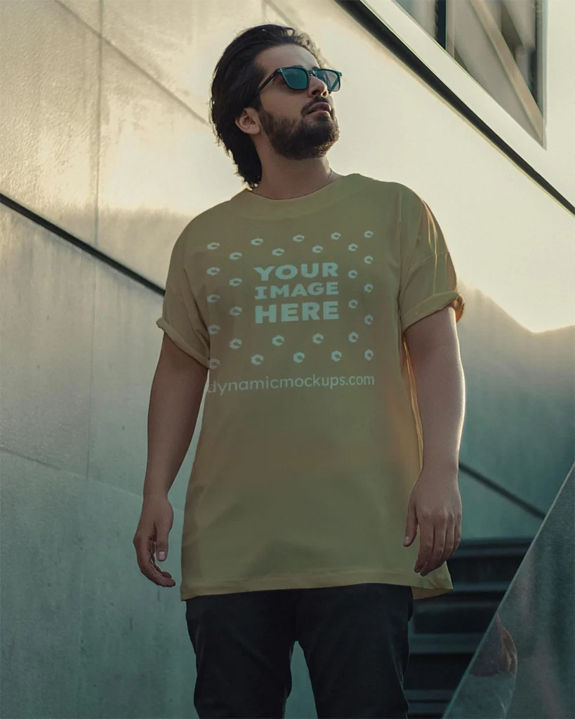 Man Wearing Tan T-shirt Mockup Front View Template