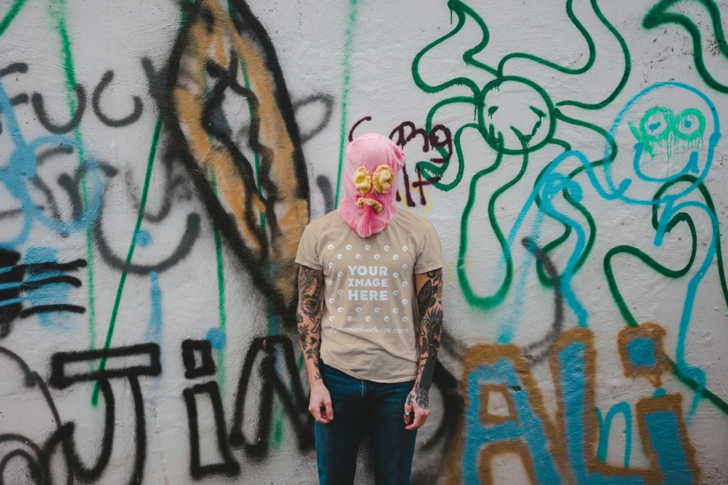 Man Wearing Tan T-shirt Mockup Front View Template