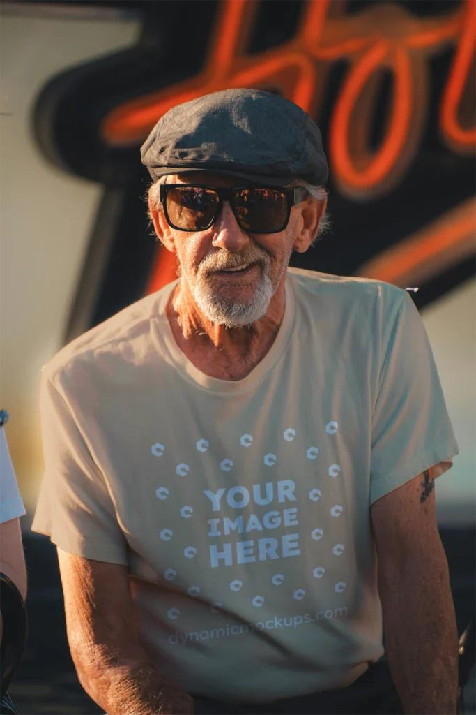 Man Wearing Tan T-shirt Mockup Front View Template