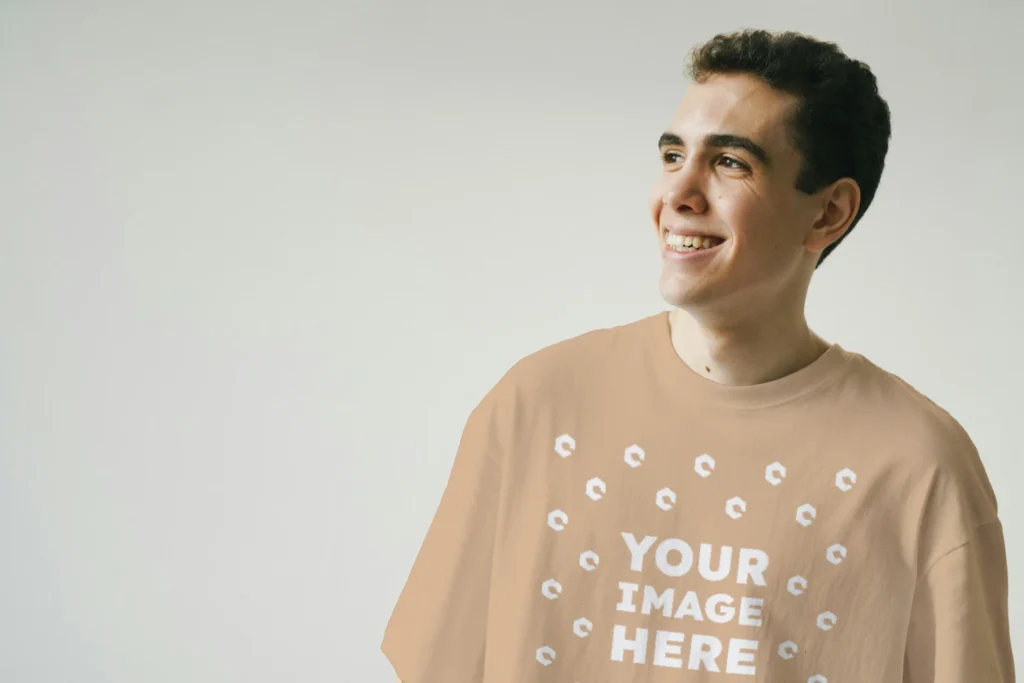 Man Wearing Tan T-shirt Mockup Front View Template