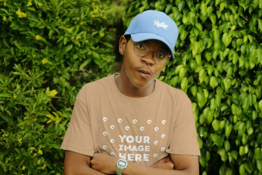 Man Wearing Tan T-shirt Mockup Front View Template