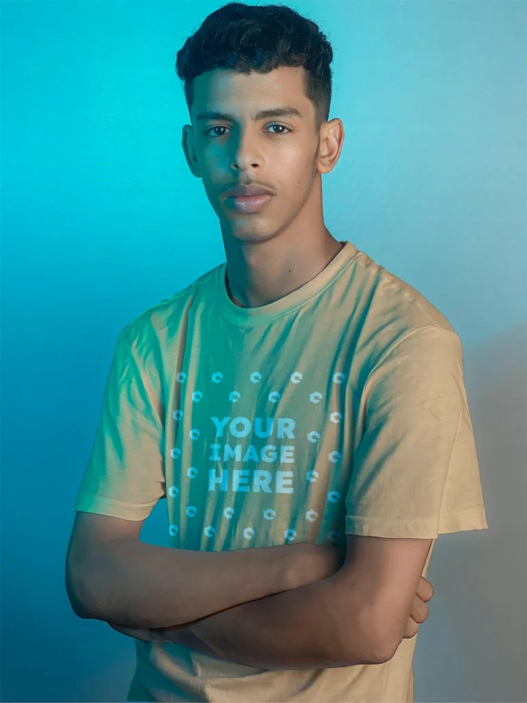 Man Wearing Tan T-shirt Mockup Front View Template