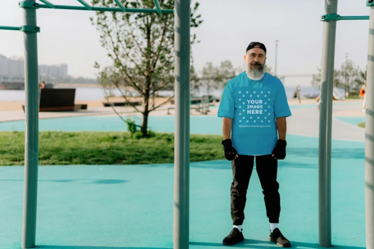 Man Wearing Teal T-shirt Mockup Front View Template