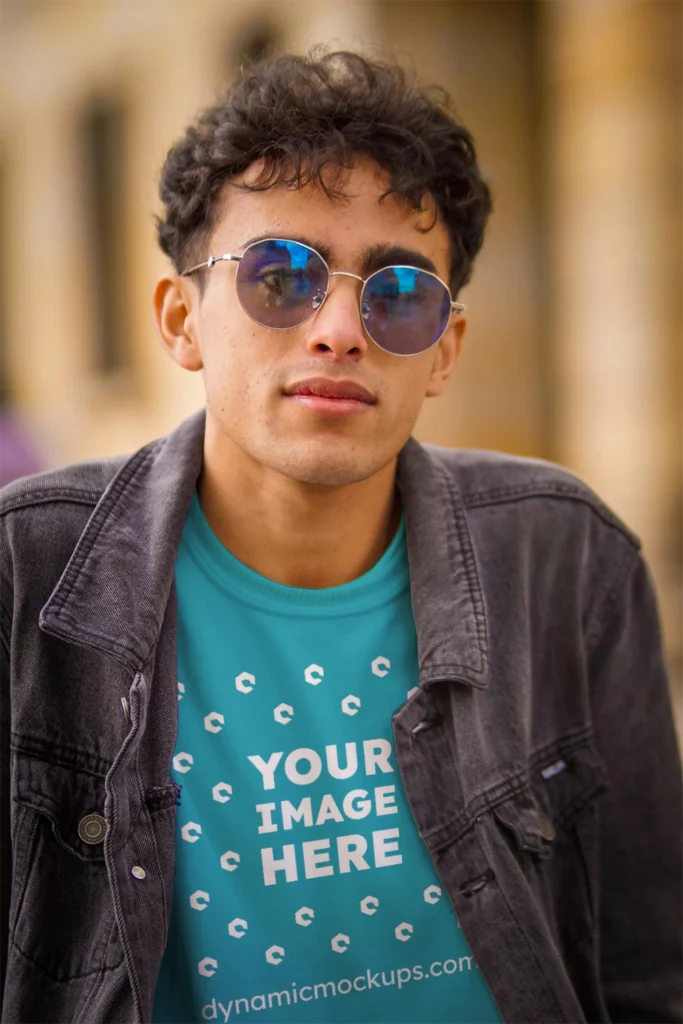 Man Wearing Teal T-shirt Mockup Front View Template