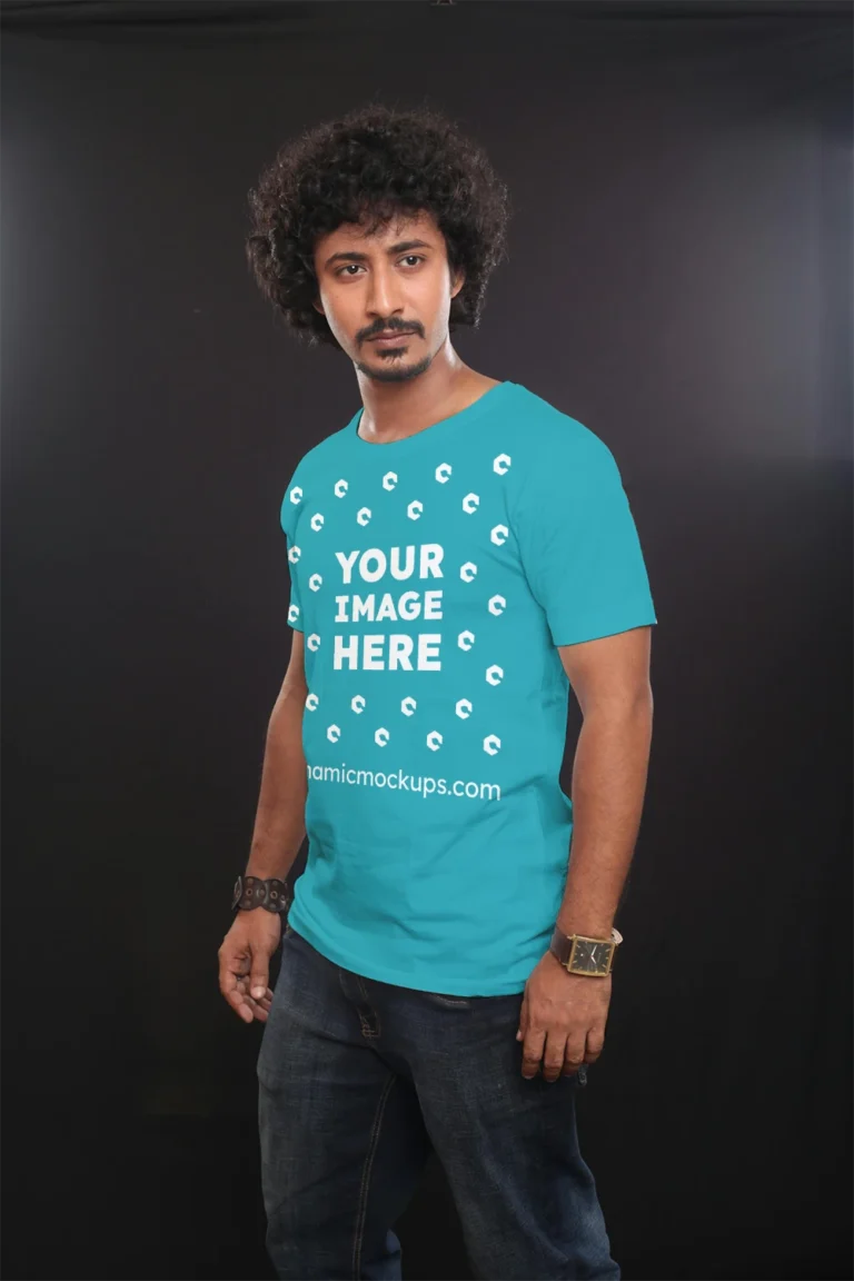 Man Wearing Teal T-shirt Mockup Front View Template