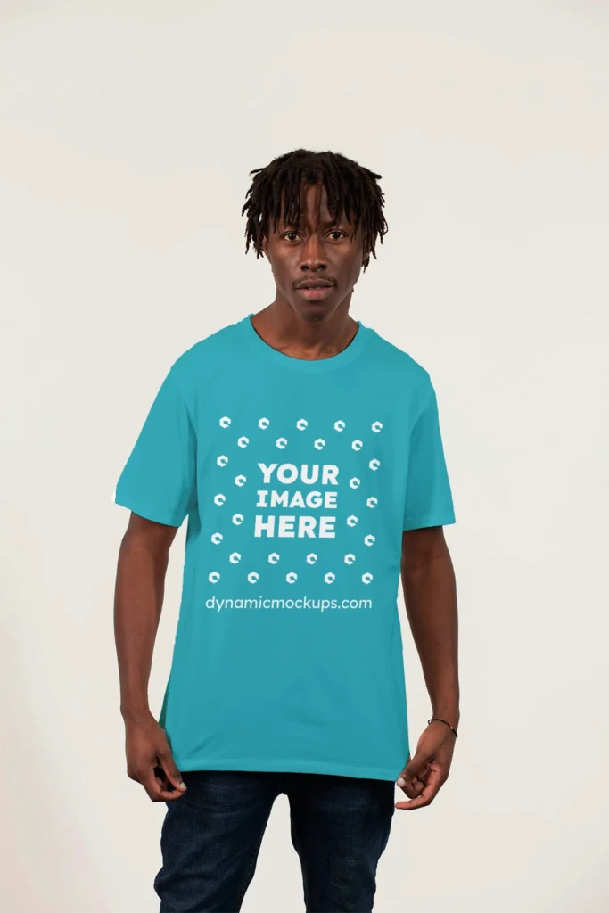 Man Wearing Teal T-shirt Mockup Front View Template