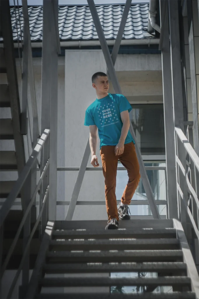 Man Wearing Teal T-shirt Mockup Front View Template