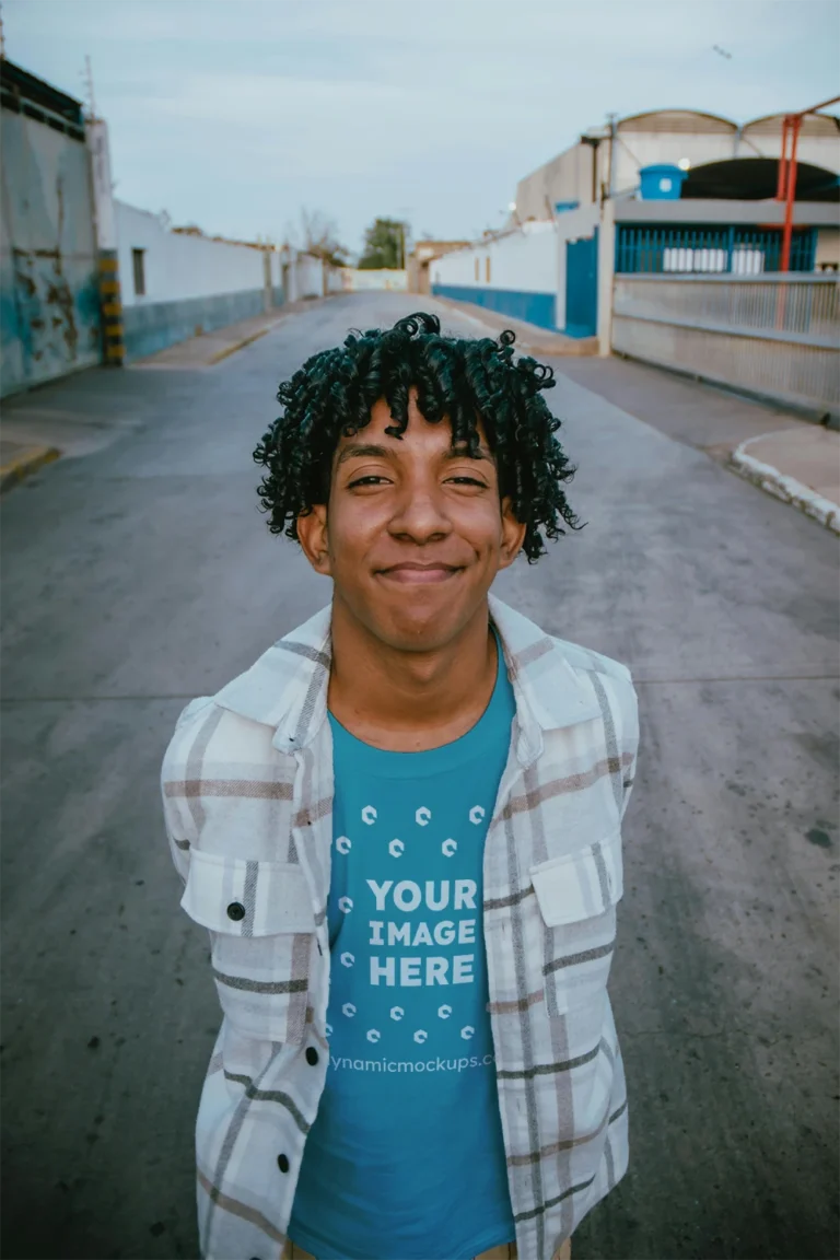 Man Wearing Teal T-shirt Mockup Front View Template