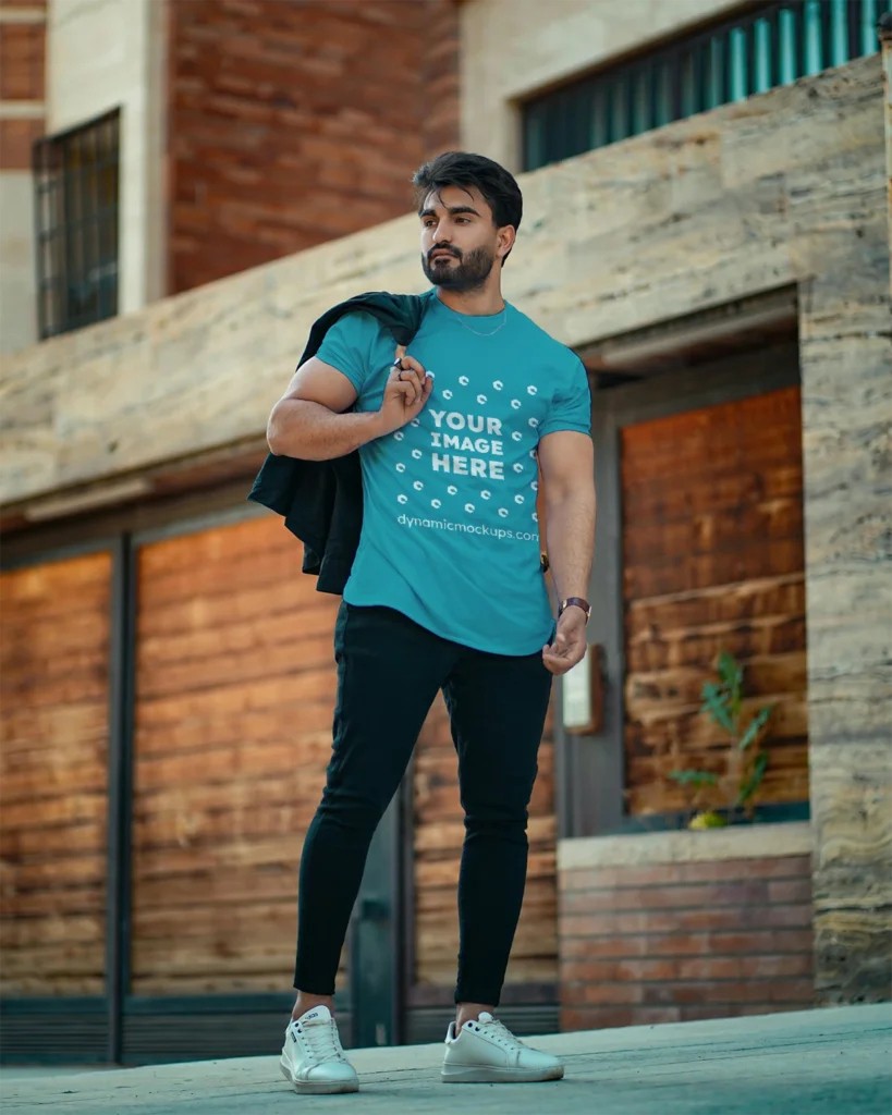 Man Wearing Teal T-shirt Mockup Front View Template