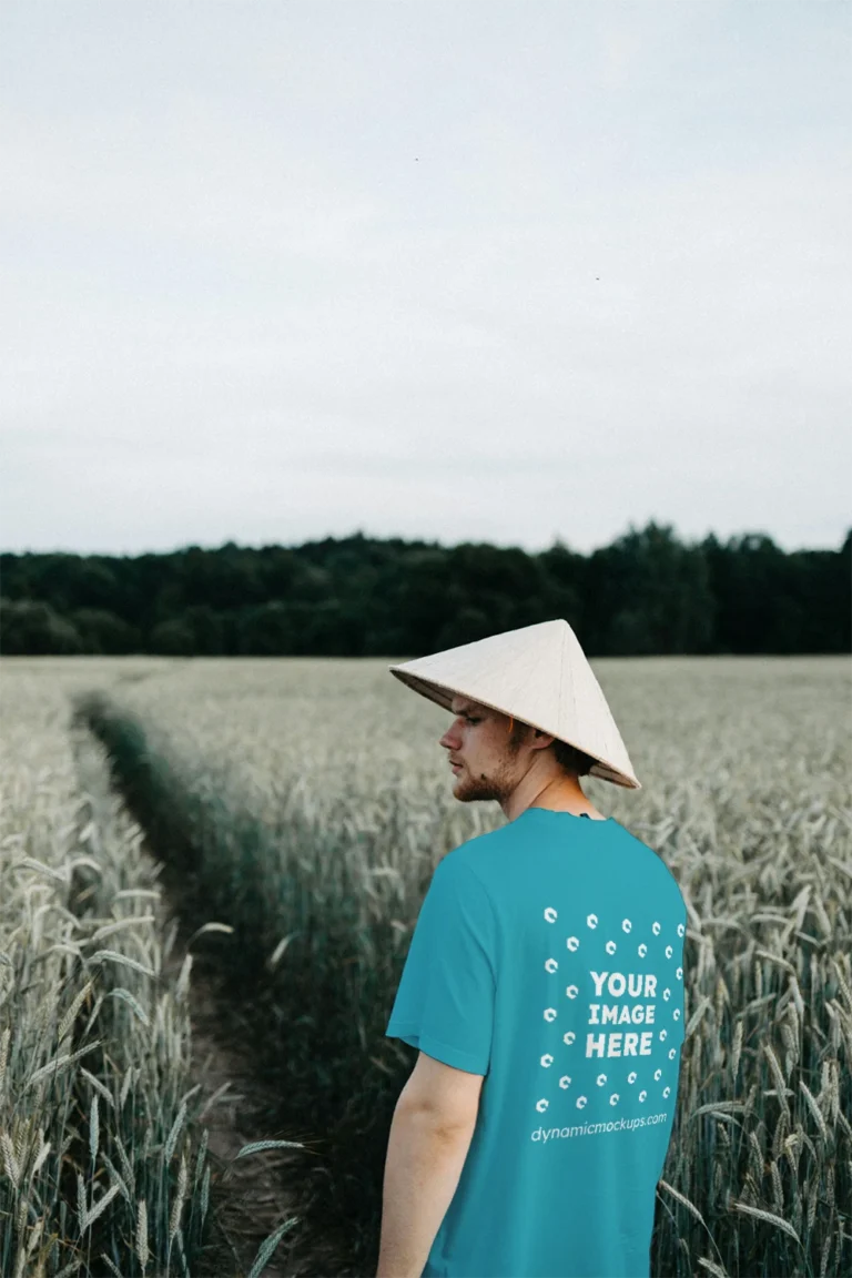 Man Wearing Teal T-shirt Mockup Front View Template