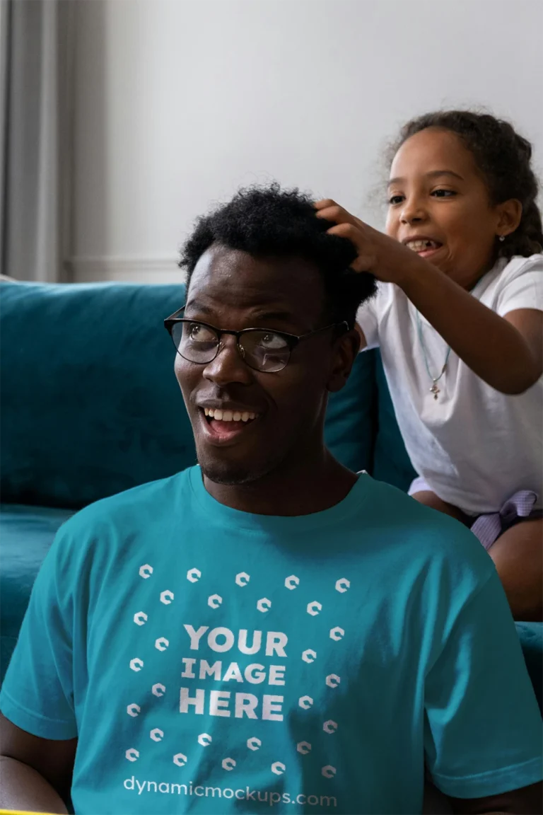 Man Wearing Teal T-shirt Mockup Front View Template