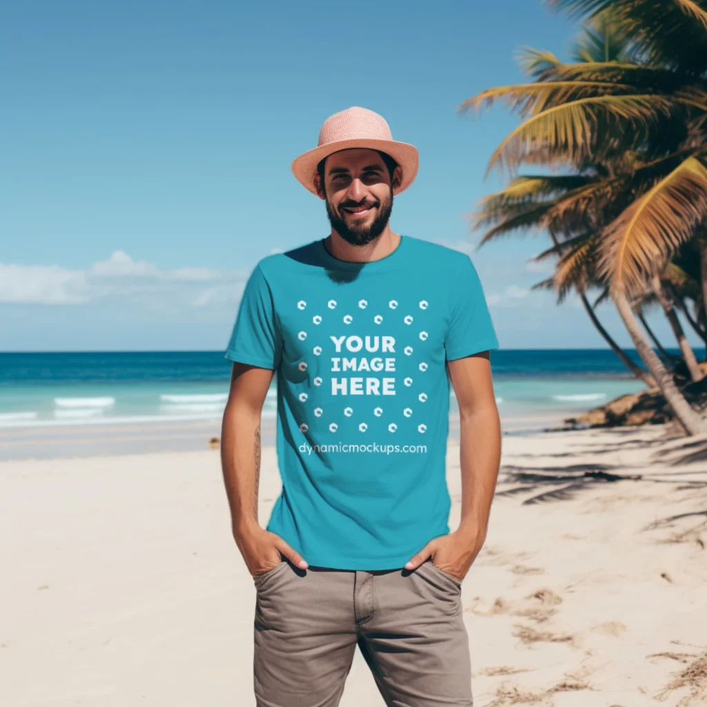 Man Wearing Teal T-shirt Mockup Front View Template