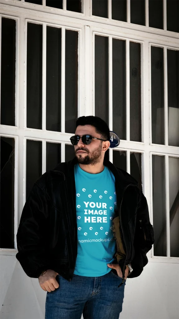 Man Wearing Teal T-shirt Mockup Front View Template