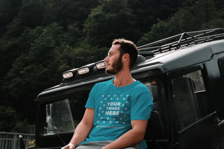 Man Wearing Teal T-shirt Mockup Front View Template