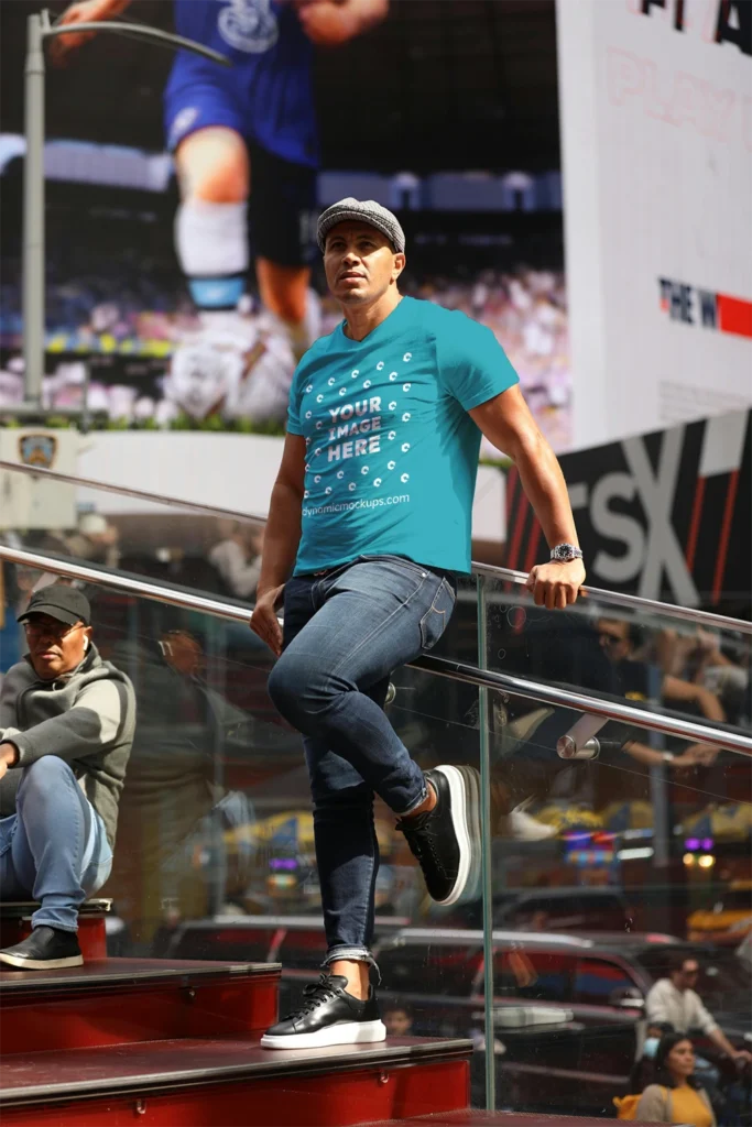 Man Wearing Teal T-shirt Mockup Front View Template