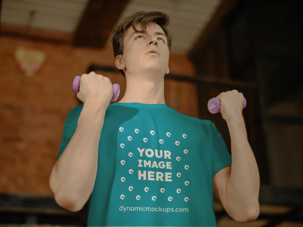 Man Wearing Teal T-shirt Mockup Front View Template