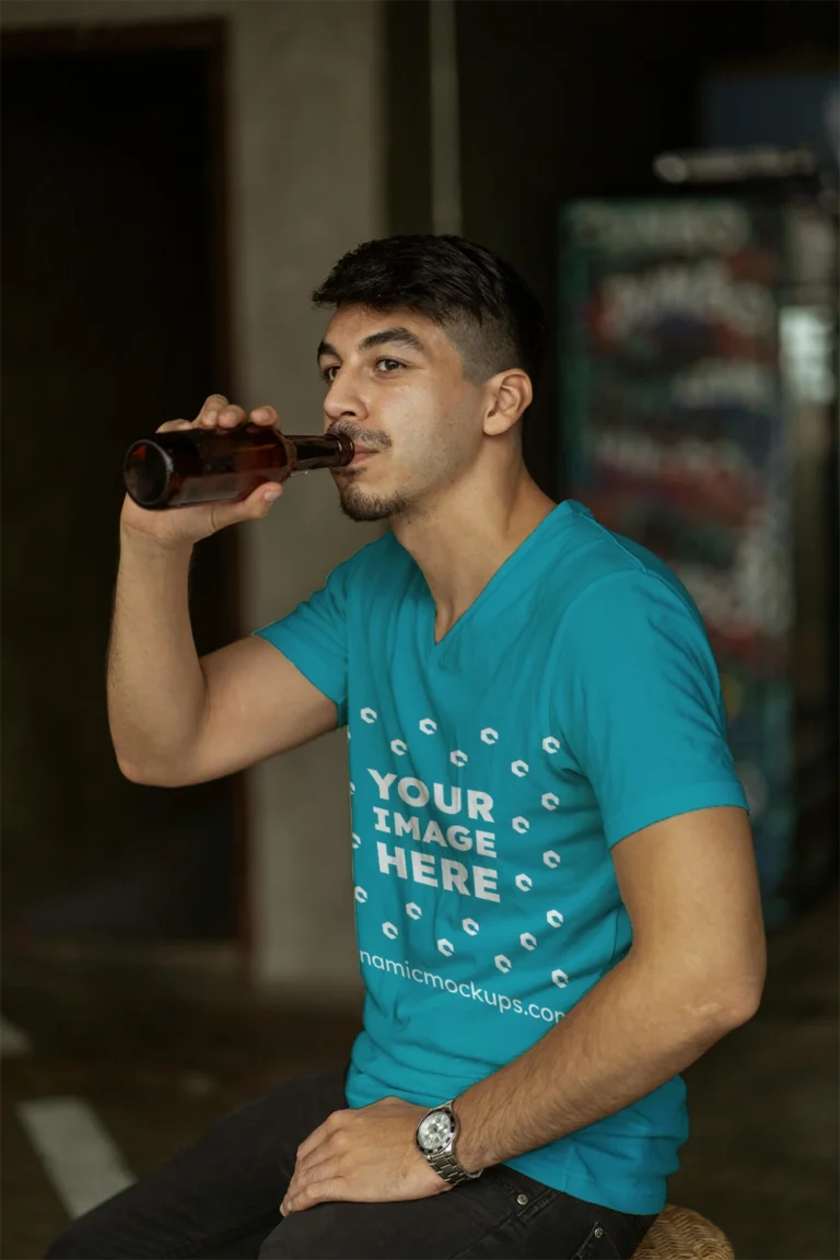 Man Wearing Teal T-shirt Mockup Side View Template