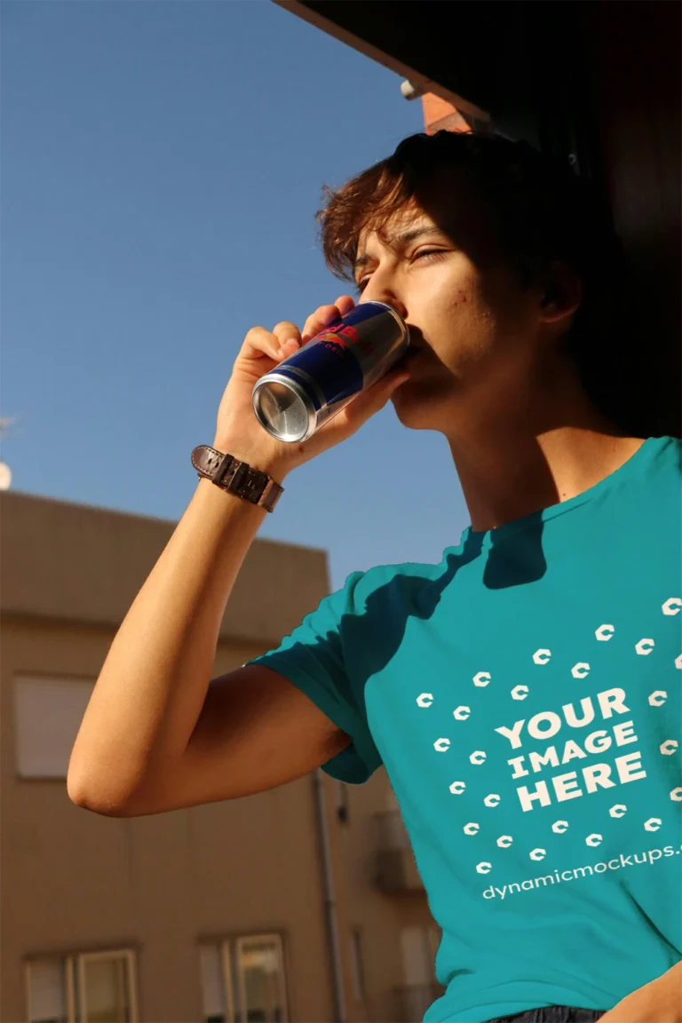 Man Wearing Teal T-shirt Mockup Front View Template