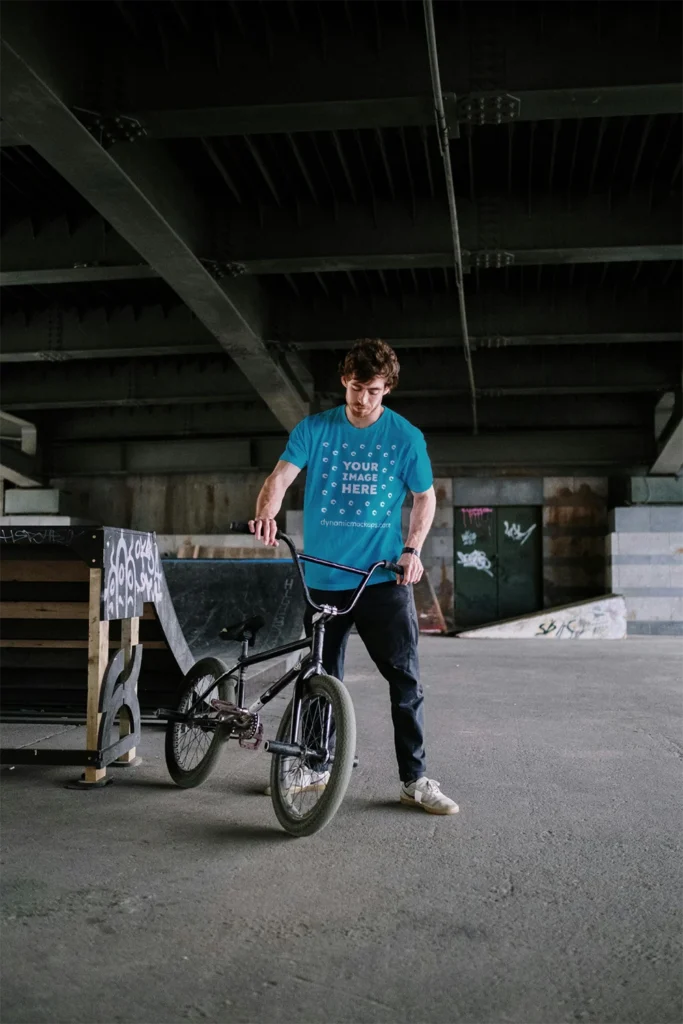 Man Wearing Teal T-shirt Mockup Front View Template