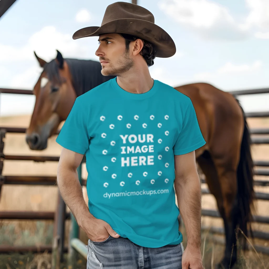 Man Wearing Teal T-shirt Mockup Front View Template