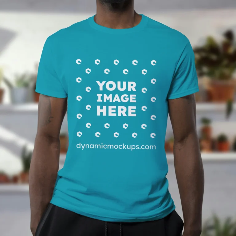 Man Wearing Teal T-shirt Mockup Front View Template