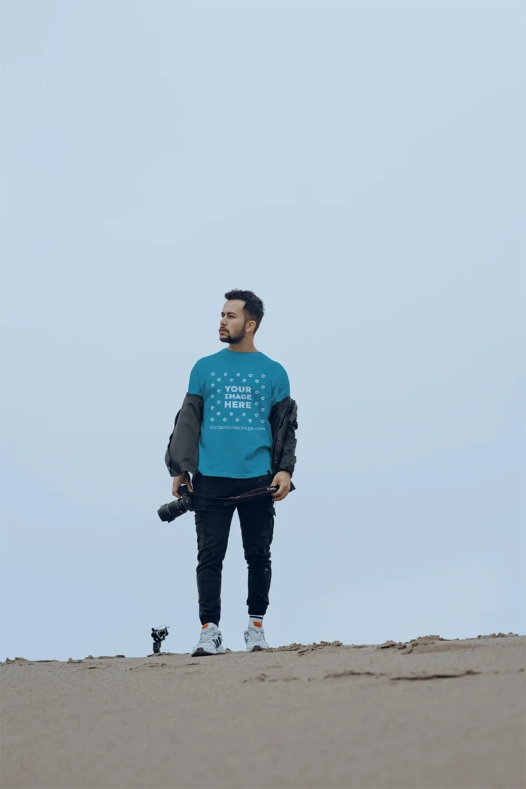 Man Wearing Teal T-shirt Mockup Front View Template